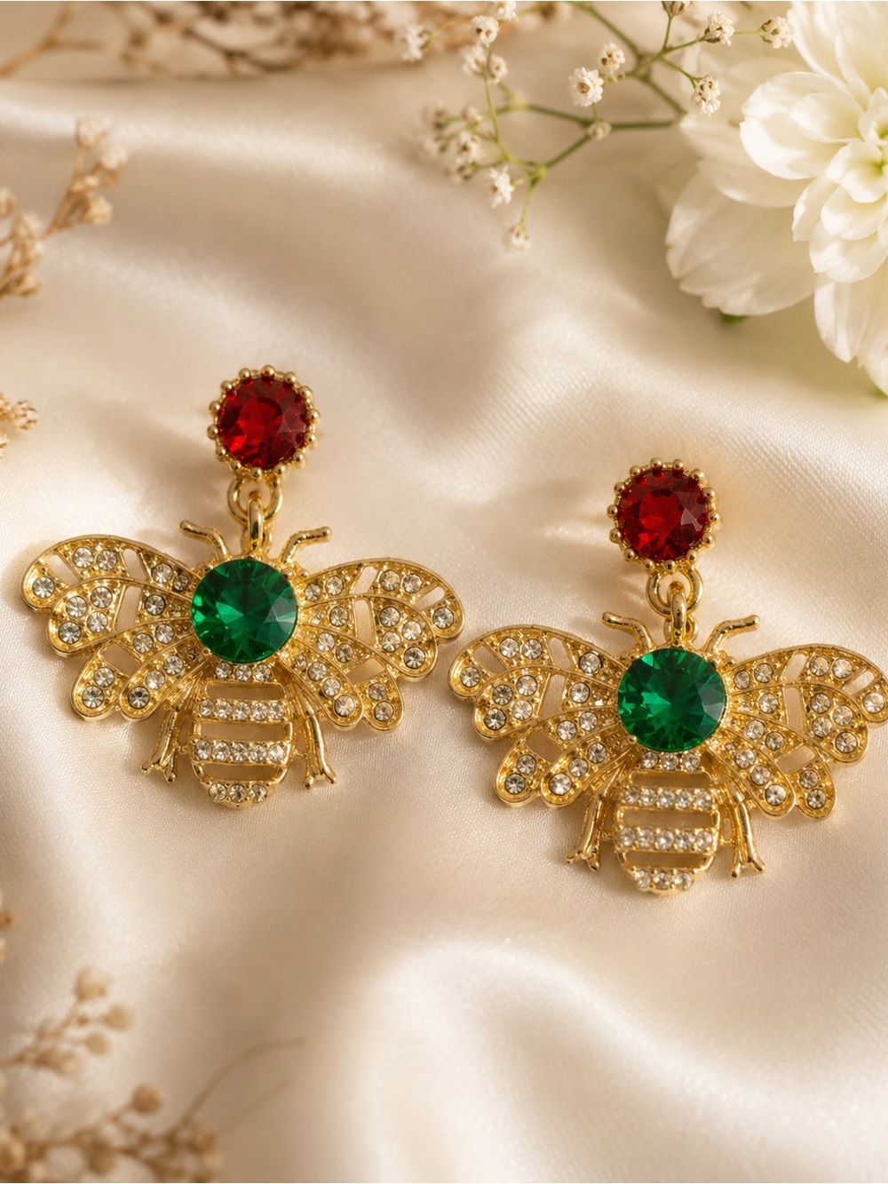 NWT Gold Tone Crystal Bee Earrings Red & Emerald Rhinestone Statement Dangles